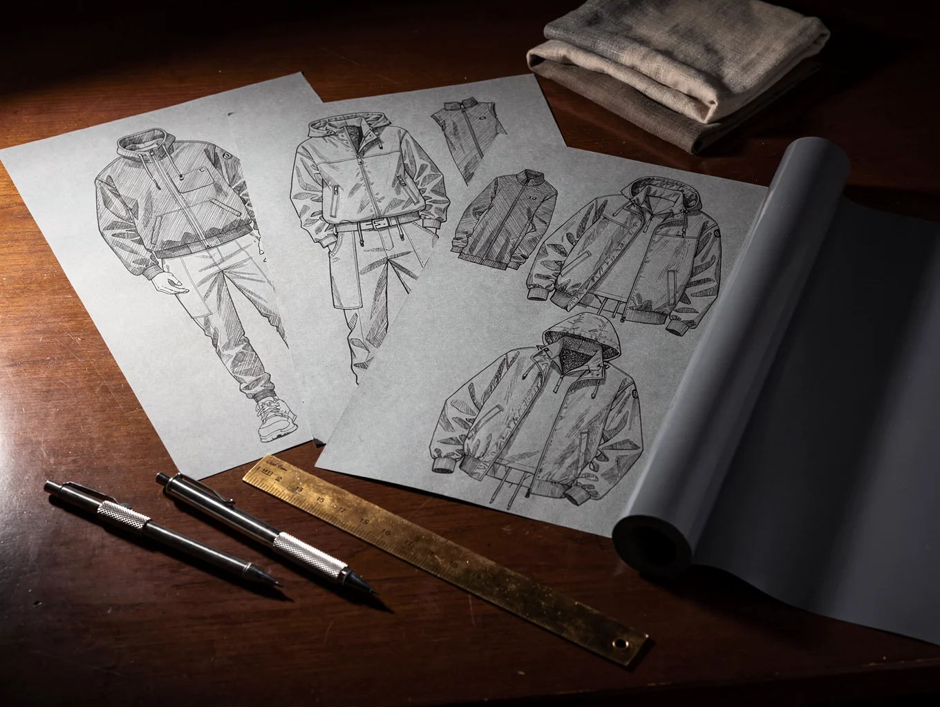 Technical fashion sketches on a drafting table